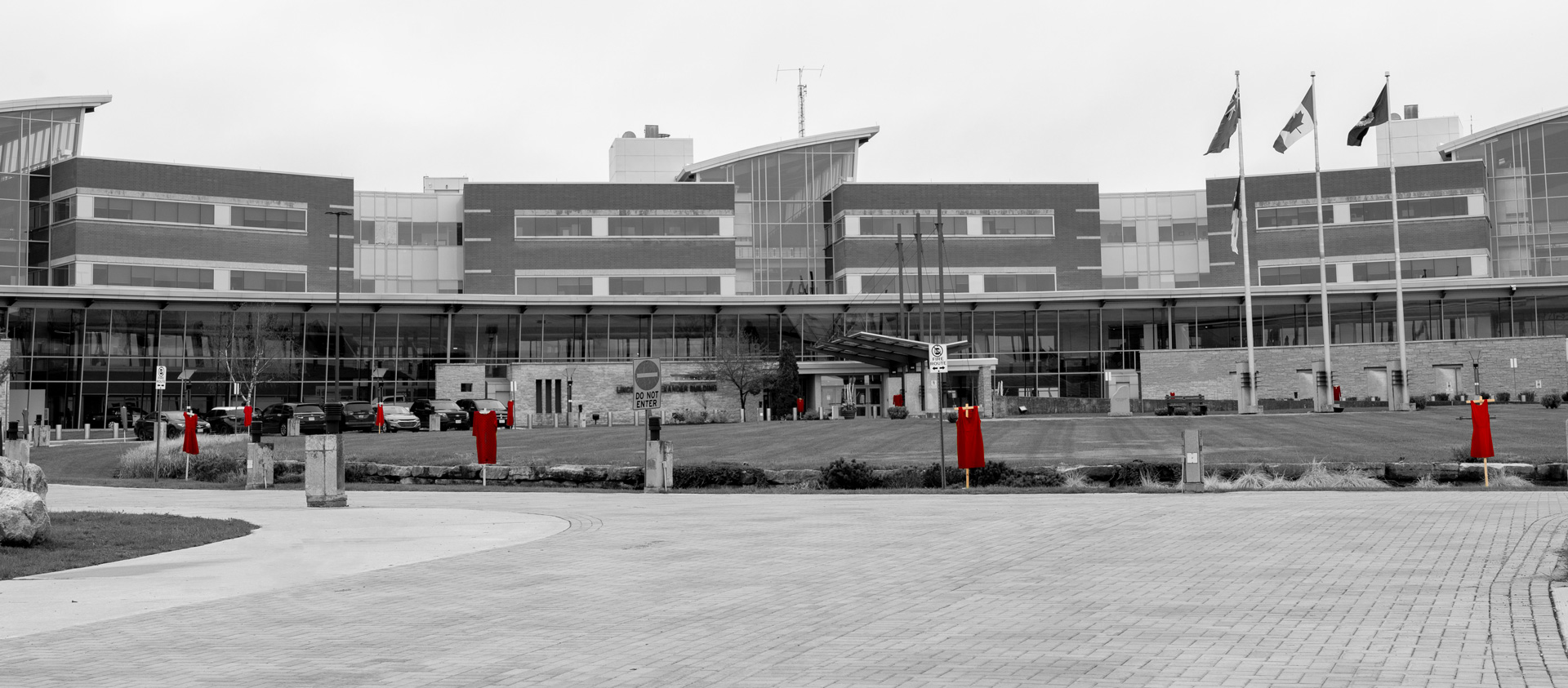 Red dresses hanging in front of OPP GHQ
